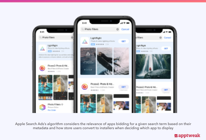 Apple Search Ads consider the relevance of an app when selecting the auction's winner Apple Search Ads pick relevant apps for the ad group